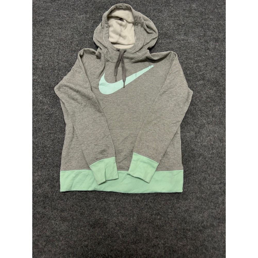 Nike Hoodie Womens Size L Gray Mint Therma-FIT Pullover Fleece Thumbhole Swoosh